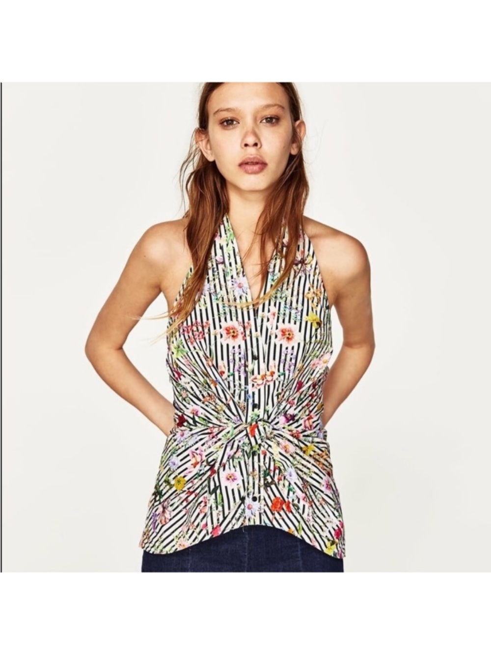 ZARA Floral Stripe Halter Knot Front Top - White with Multicolor Flowers. Size S